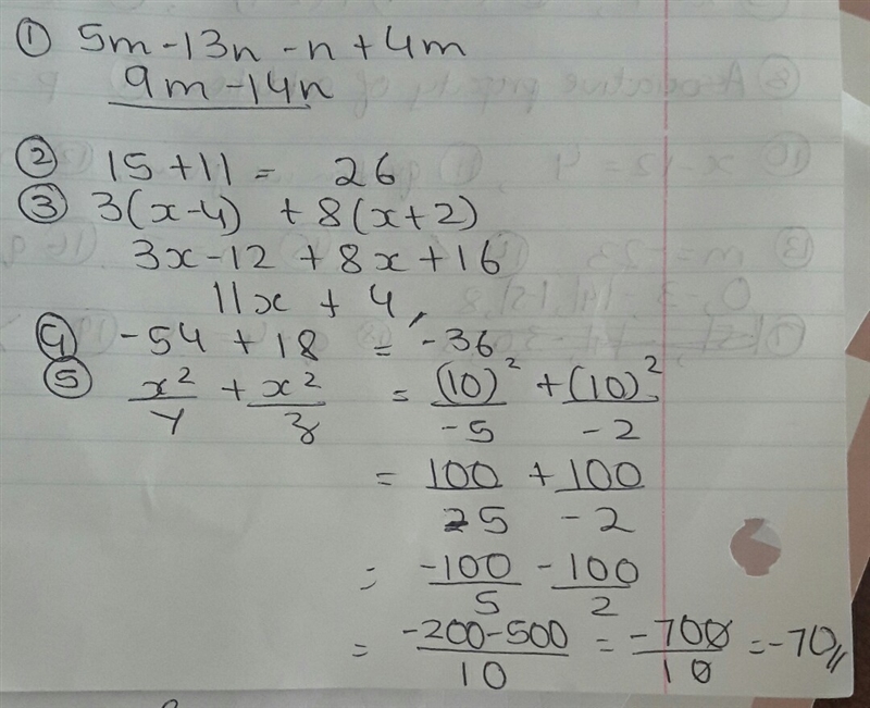 1) Simplify 5m - 13n - n + 4m. 2) 15 - (-11) =____ 3) Simplify 3(x - 4) + 8(x + 2). 4) Add-example-1