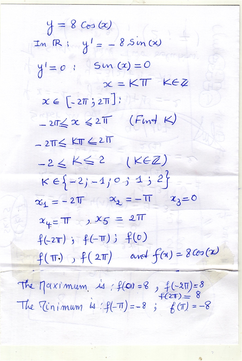 Identify the maximum and minimum values of the function y = 8 cos x in the interval-example-1