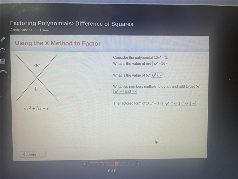 Consider the polynomial 16x2 – 1. What is the value of ac? What is the value of b-example-1