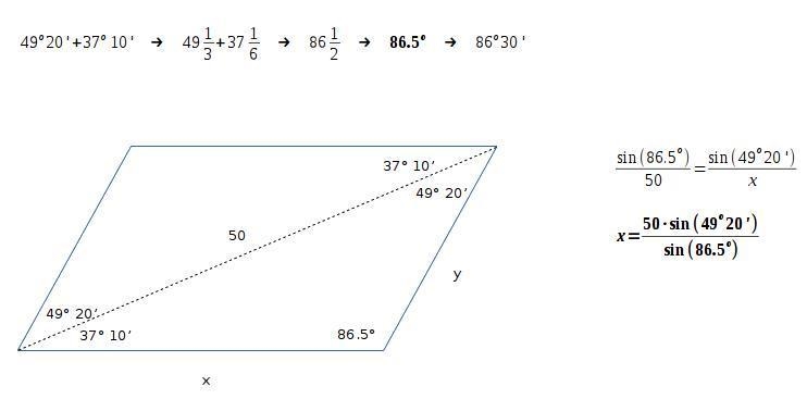 A diagonal of a parallelogram is 50 inches long and makes angles of 37°10' and 49°20' with-example-1