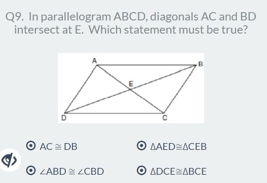 Quadrilateral ABCD is a parallelogram with diagonals that intersect at point E. Which-example-1