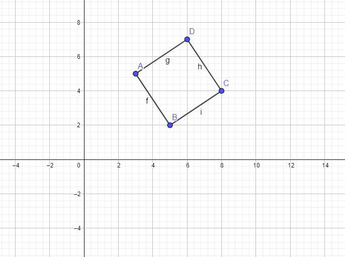 Quadrilateral ABCD has coordinates A (3, 5), B (5, 2), C (8, 4), D (6, 7). Quadrilateral-example-1