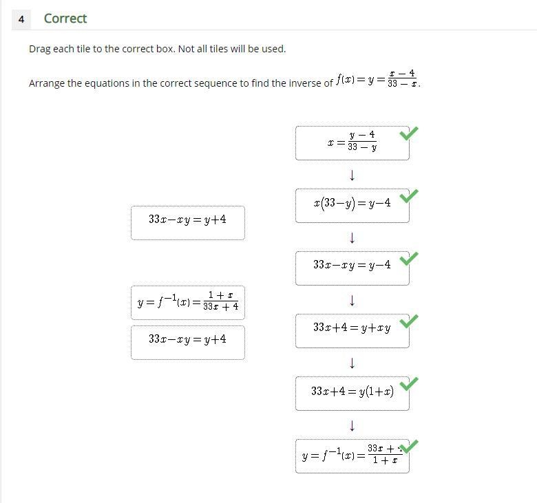 Arrange the equations in the correct sequence to find the inverse of f(x)=y=x-4/33-x-example-1