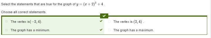 Select the statements that are true for the graph of y=(x+2)2+4 . The vertex is ​ (−2, 4) ​. The-example-1