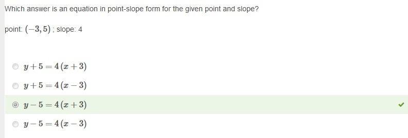 Which answer is an equation in point-slope form for the given point and slope? point-example-1