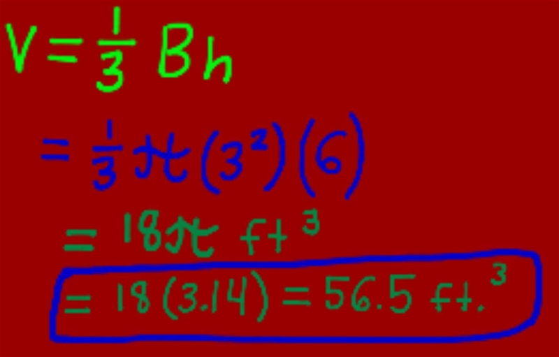 A right cone has a radius of 3 feet and a slant height of 6 feet. What's the volume-example-1