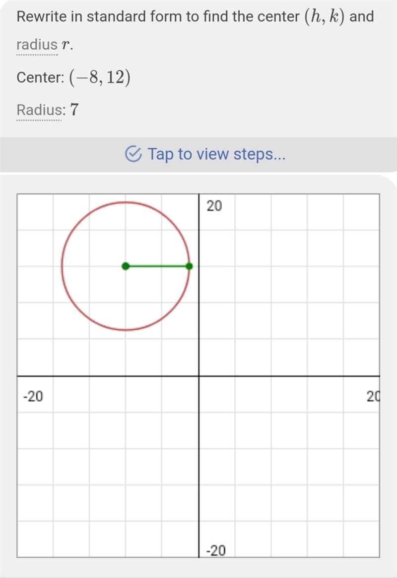 The equation for the circle is: x2+y2+16x−24y+159=0 . What is the center of the circle-example-1