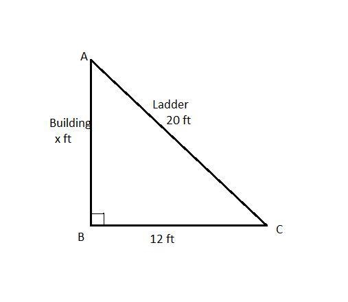 A painter leans a 20-ft ladder against a building. The base of the ladder is 12 ft-example-1