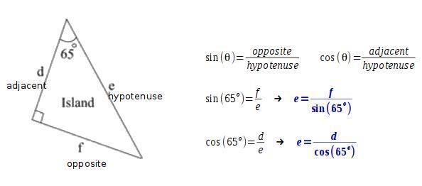 The picture shows a triangular island: Which expression shows the value of e?-example-1