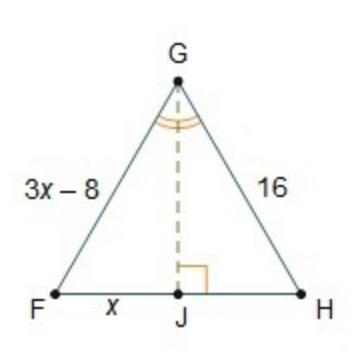 In triangle FGH, GJ is an angle bisector of ∠G and perpendicular to FH What is the-example-1