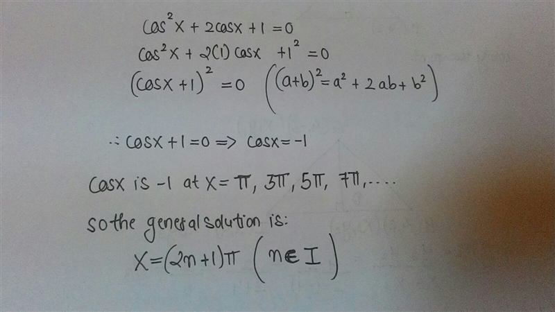 Find all solutions to the equation. cos^2x + 2 cos x + 1 = 0-example-1