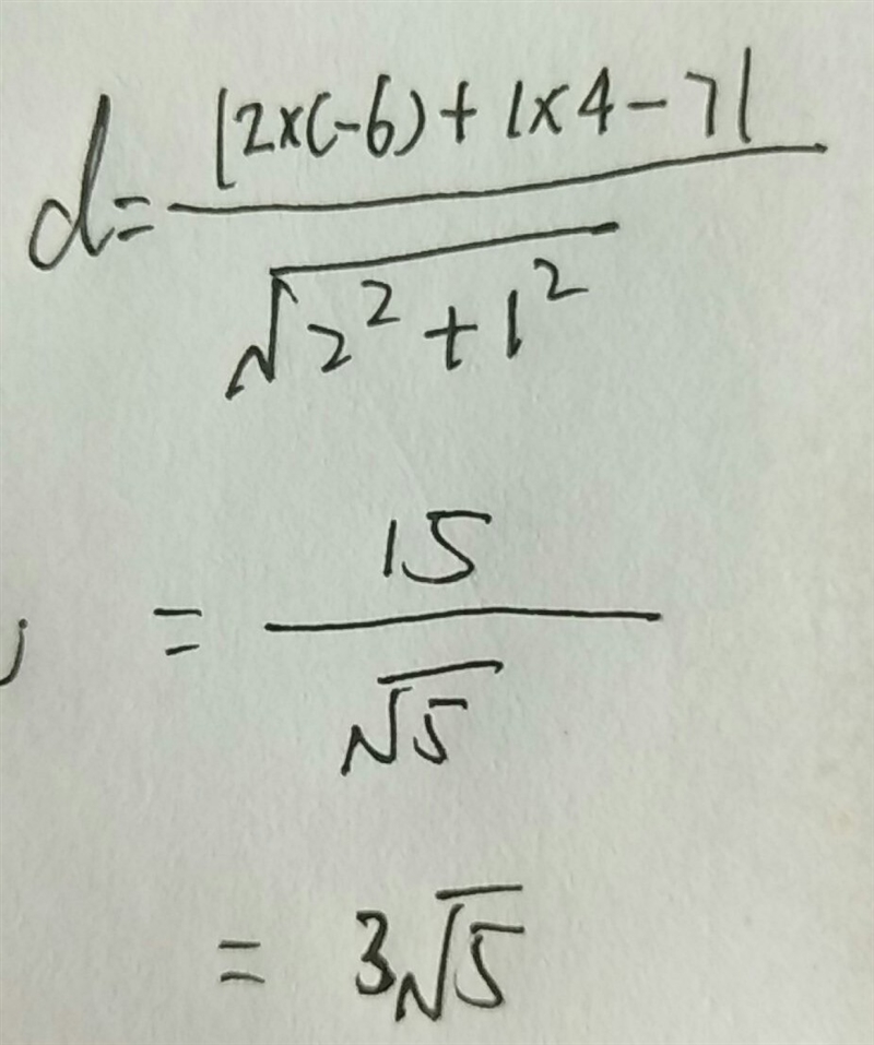 Find the shortest distance between the point (-6,4) and the line y = -2x + 7-example-1