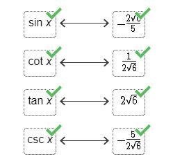 Given cos x = -1/5 and x is in the third quadrant, match the trigonometric ratios-example-1