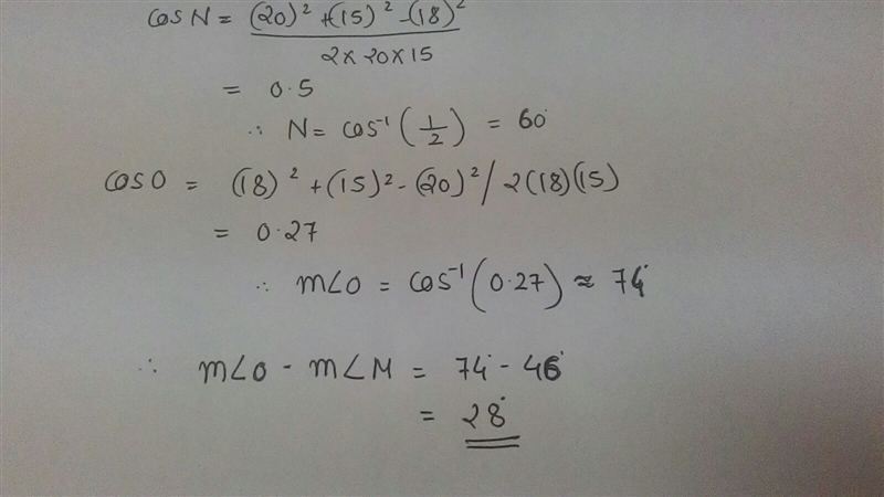 In triangle MNO, MN = 20 units, NO = 15 units, and MO = 18 units. What is the approximate-example-2