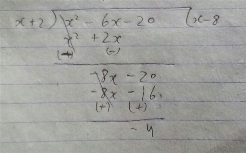 Divide this polynomial: (x^2-6x-20) divided by (x+2) * if someone would be able to-example-1