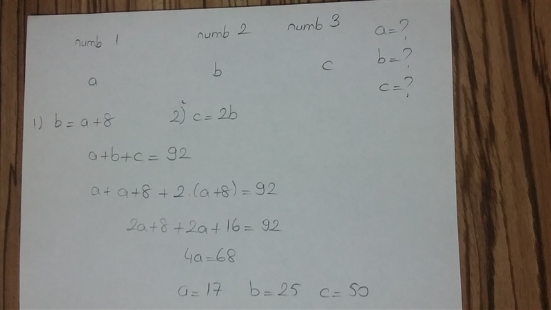 The sum of three numbers equal 92. The second number is 8 more than the first number-example-1