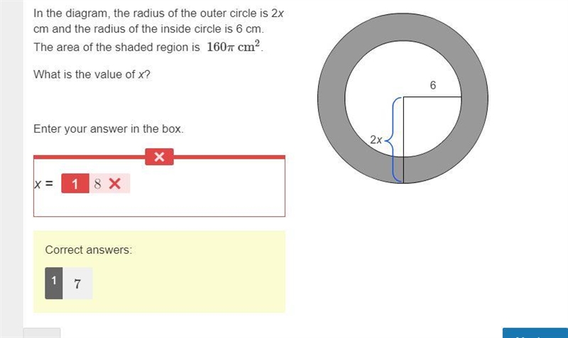 In the diagram, the radius of the outer circle is 2x cm and the radius of the inside-example-1