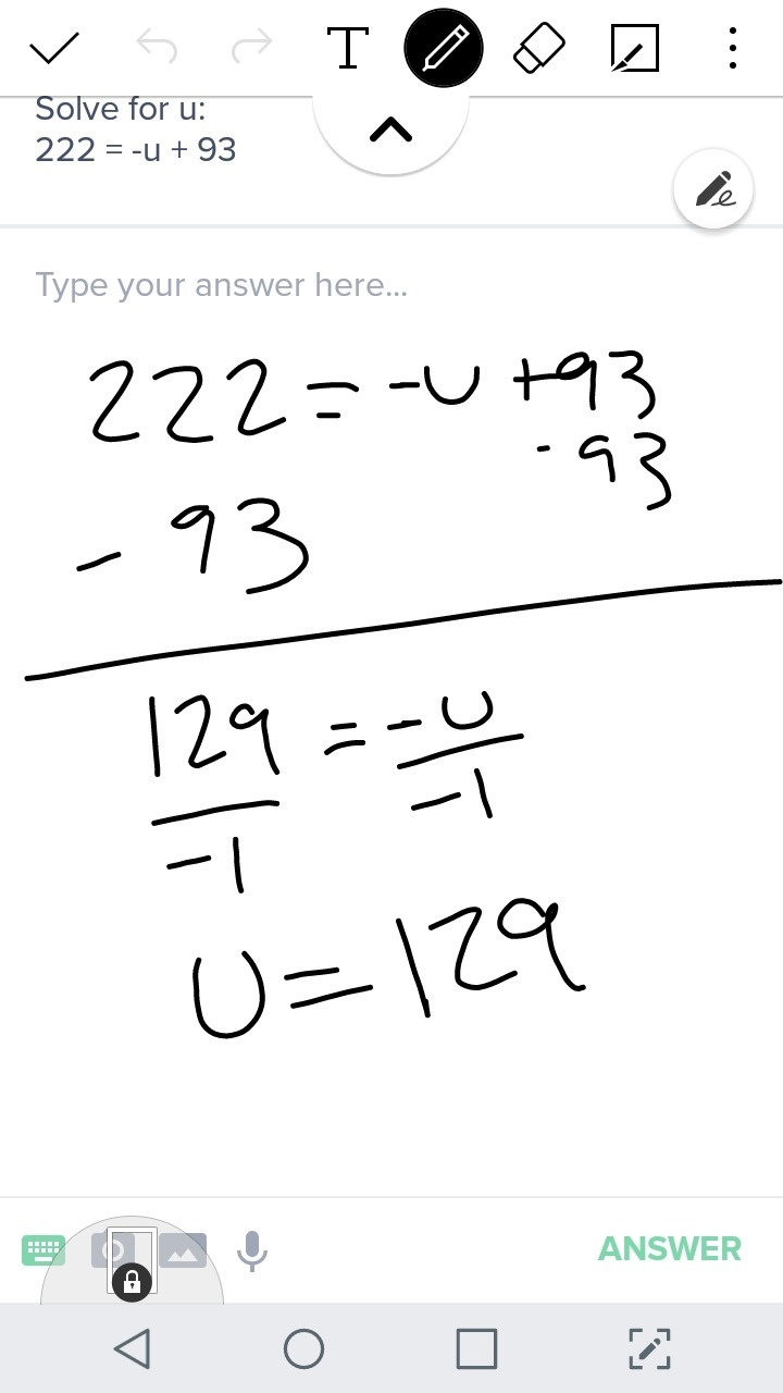 Solve for u: 222 = -u + 93-example-1