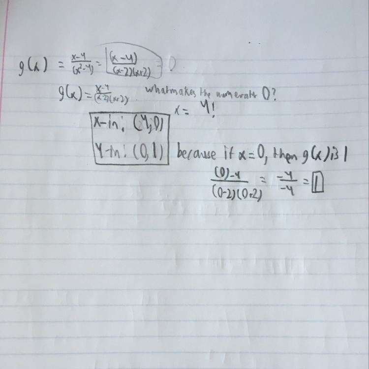 Differentiate between the x-intercept(s) and y-intercept of the function. g(x) = x-example-1