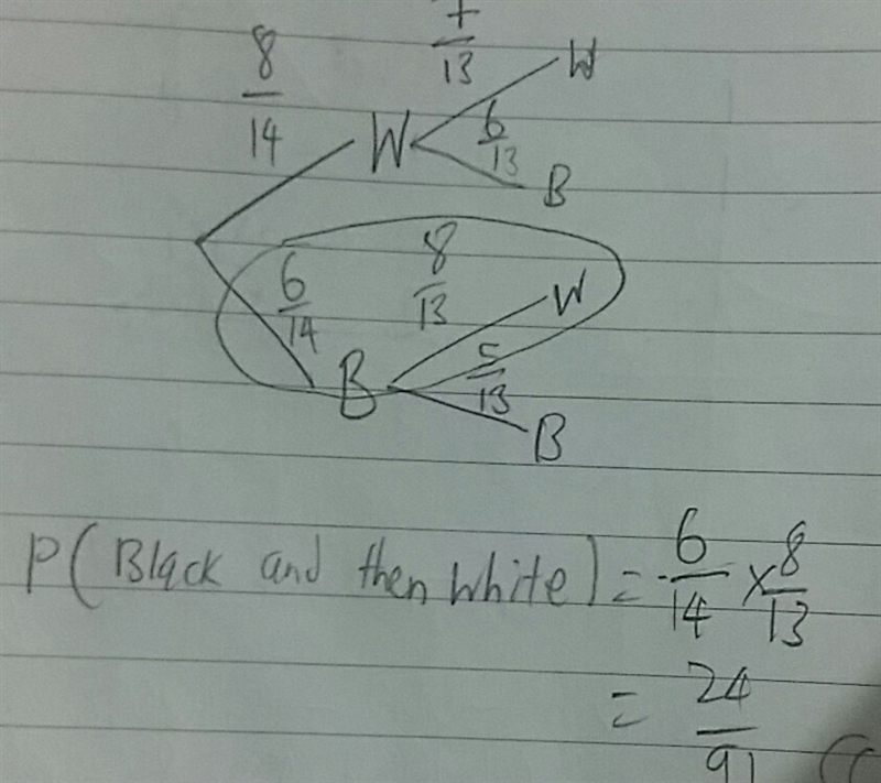 A box contains 8 white cards and 6 black cards. What is the probability of choosing-example-1