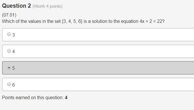 Which of the values in the set {3, 4, 5, 6} is a solution to the equation 4x + 2 = 22? 3 4 5 6-example-1