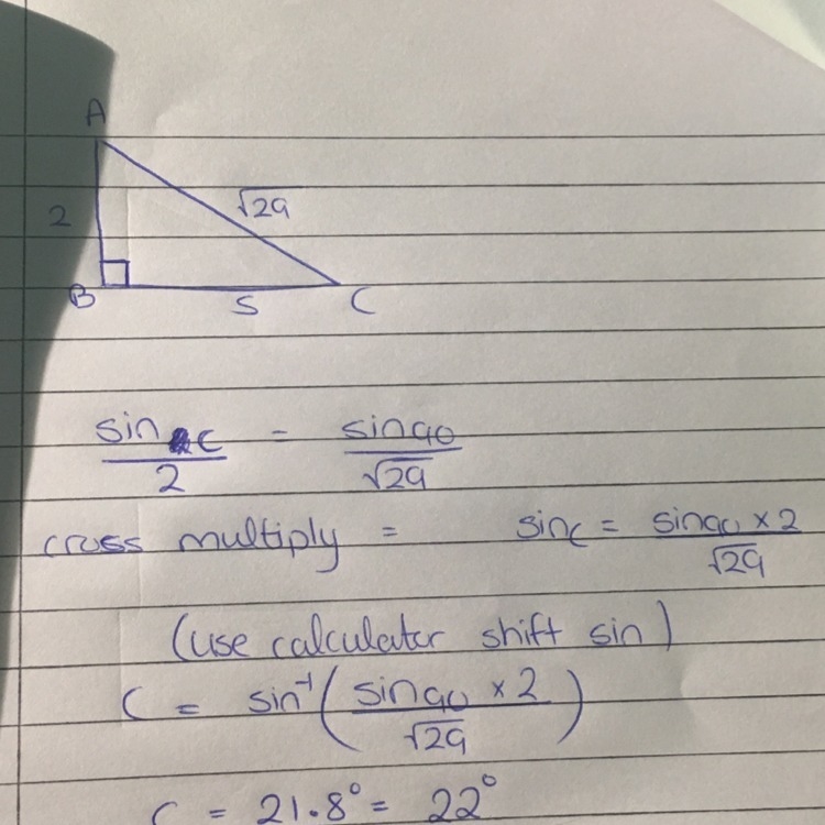 Find the measure of ∠C to the nearest degree. A) 20° B) 22° C) 24° D) 66°-example-1