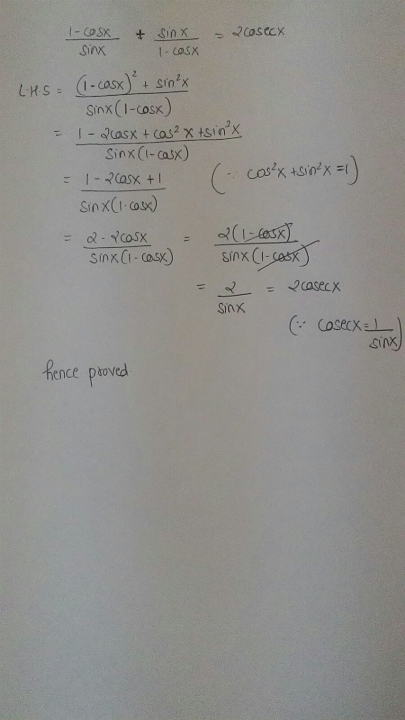 1-cosx/sinx + sinx/1-cosx= 2cscx-example-1