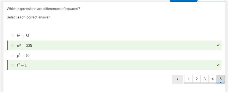 Which expressions are differences of squares? Select each correct answer. k2+81 p-example-1