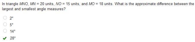 In triangle MNO, MN = 20 units, NO = 15 units, and MO = 18 units. What is the approximate-example-1