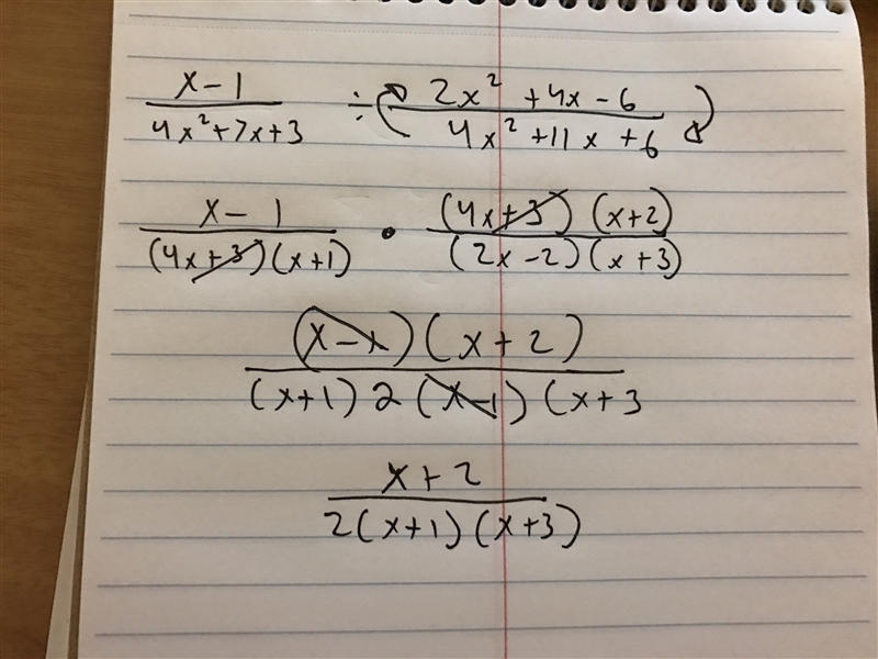 X-1/4x^2+7x+3 divided by 2x^2+4x-6/4x^2+11x+6-example-1