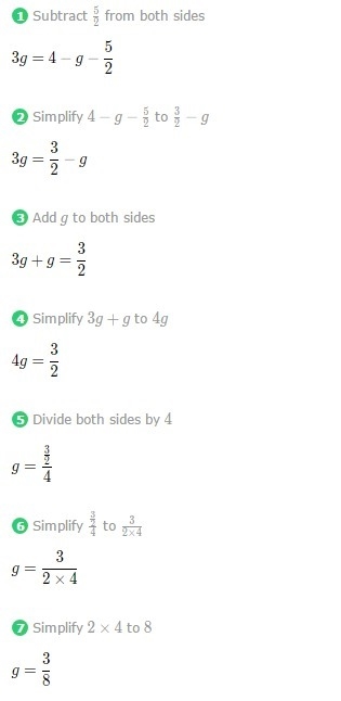 Solve for g. 3g+5/2=4-g-example-1