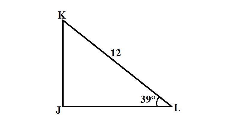 The angle of elevation from L to K measures 39°. If KL = 12, find JL. Round your answer-example-1