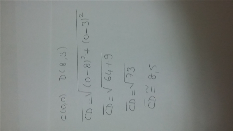 Find the distance between the points C(0, 0) and D(8, 3). 8.3 11 square root of 73 square-example-1