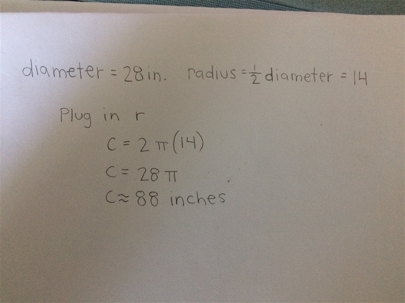 Using the formula C = 2πr, how would i find the circumference of a circle with diameter-example-1