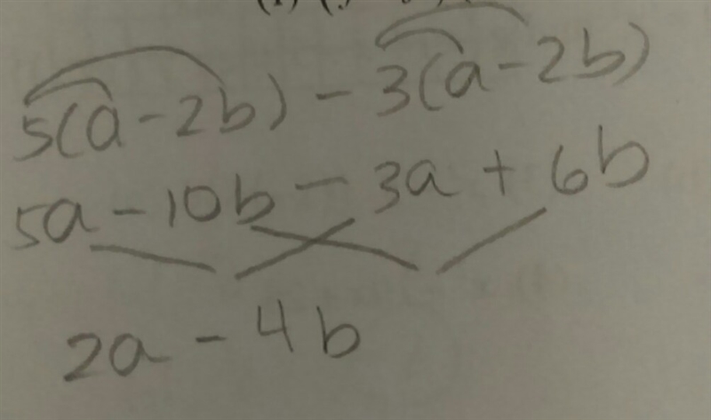 Simplify expression. 5(a-2b)-3(a-2b)-example-1