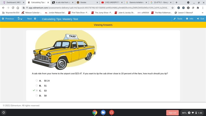 A cab ride from your home to the airport cost $23.47. If you want to tip the cab driver-example-1