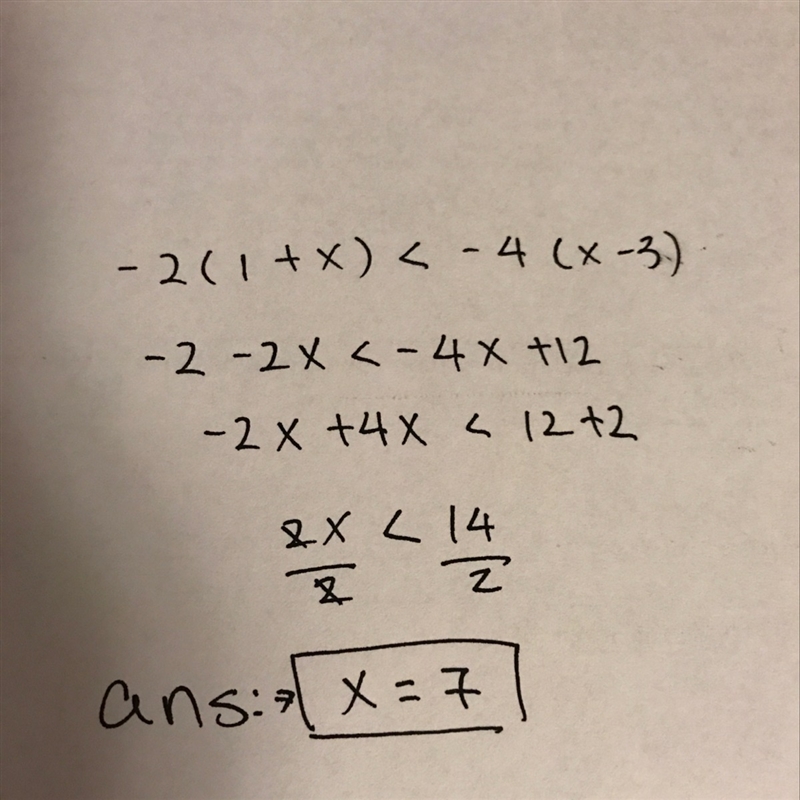 How to solve -2(1+x)<-4(x-3)-example-1