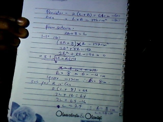 The rectangle shown has a perimeter of 64 cm and the given area (A=192 cm squared-example-1