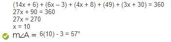 Find the measure of exterior angle A. Show equations and all work that leads to your-example-1