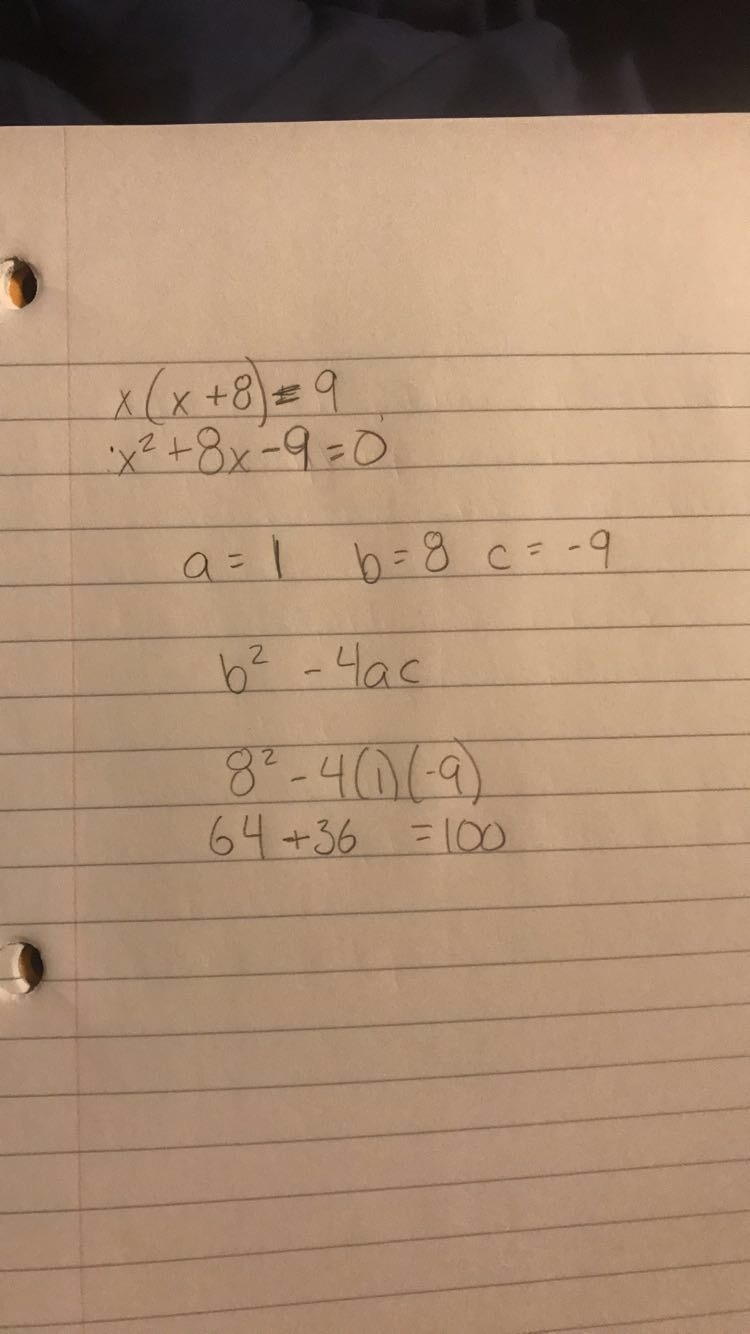 What is the value of b2 - 4ac for the following equation? x(x + 8) = 9-example-1