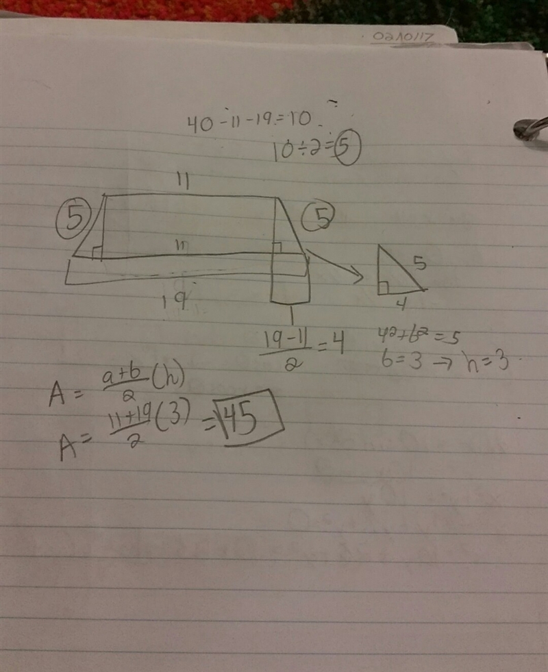 The perimeter of an isosceles trapezoid is 40 ft. The bases of the trapezoid are 11ft-example-1