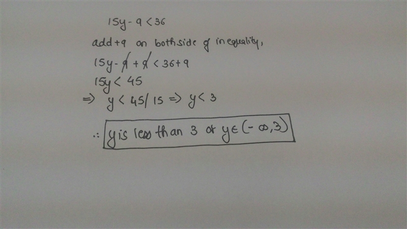 What is the solution set of the inequality 15y-9<36-example-1