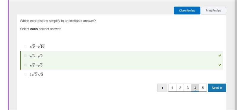 PLEASE HELP ASAP Which expressions simplify to an irrational answer? (Select each-example-1