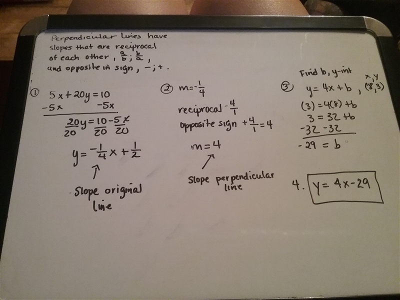 Write an equation of the line that is perpendicular to 5x+20y=10 and passes through-example-1