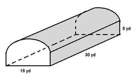 A tunnel is 30 yards long and 15 yards wide. The height of the tunnel walls is 5 yards-example-1