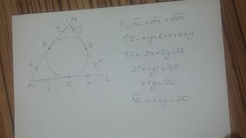 In triangle NML, NL=NM, and the perimeter is 52 cm. A,B, and C are points of tangency-example-1