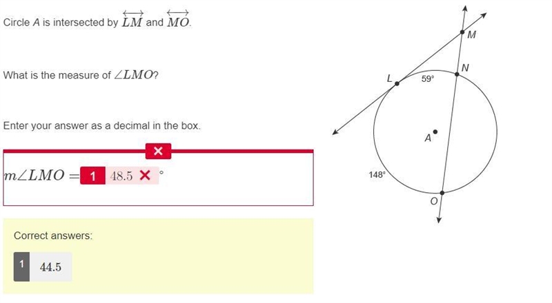 Okay so Circle A is intersected by lines Lm and MO. What is the measure of Angle LMO-example-1