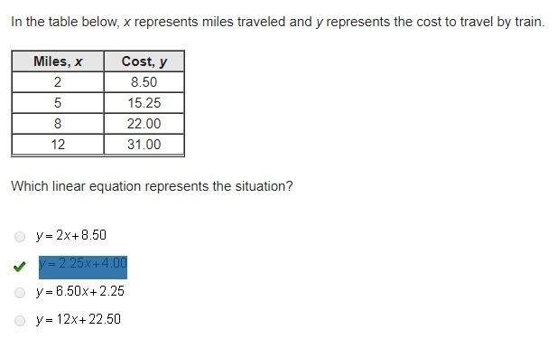 (This looks basic, but I need help) In the table below, x represents miles traveled-example-1