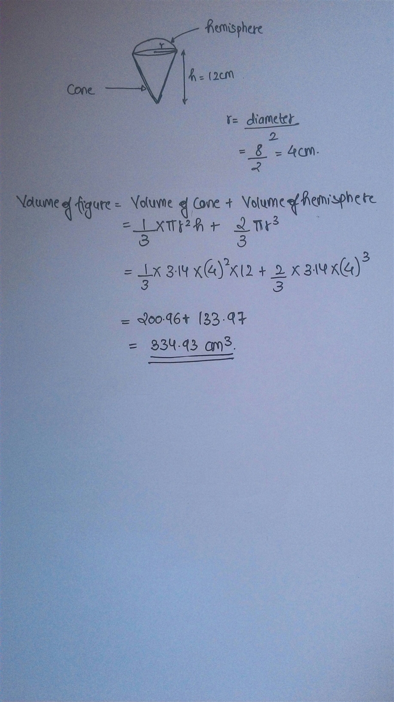 The figure is made up of a cone and a hemisphere. What is the volume of this figure-example-1