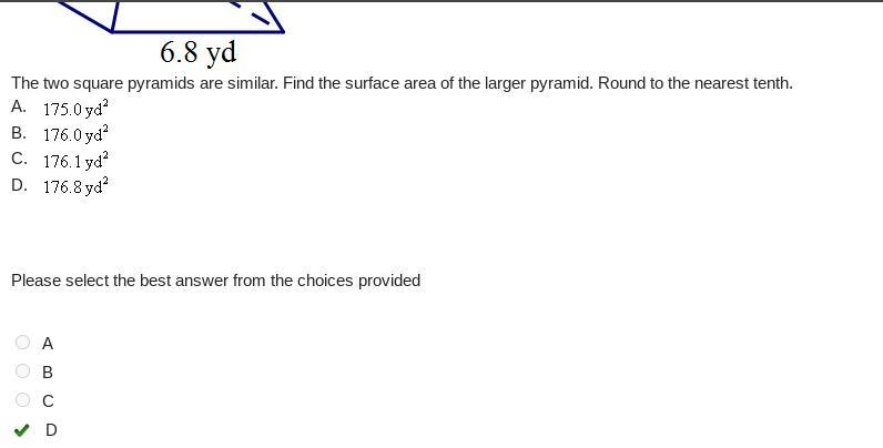 The two square pyramids are similar. Find the surface area of the larger pyramid. Round-example-1